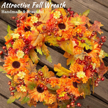 20" Silk Front Door Wreath with Lifelike Blooming Sunflowers, Marigolds, Daisies, Berries & Maple Leaves, and Lights for Thanksgiving Home Decoration