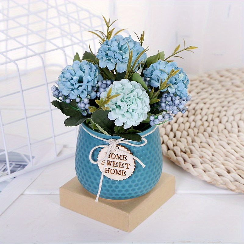 Artificial Hydrangea Bouquet with Small Ceramic Vase Fake Silk Variety Flower Balls Flowers Decoration for Table Home Party Office Wedding (Blue)