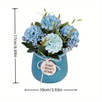 Artificial Hydrangea Bouquet with Small Ceramic Vase Fake Silk Variety Flower Balls Flowers Decoration for Table Home Party Office Wedding (Blue)