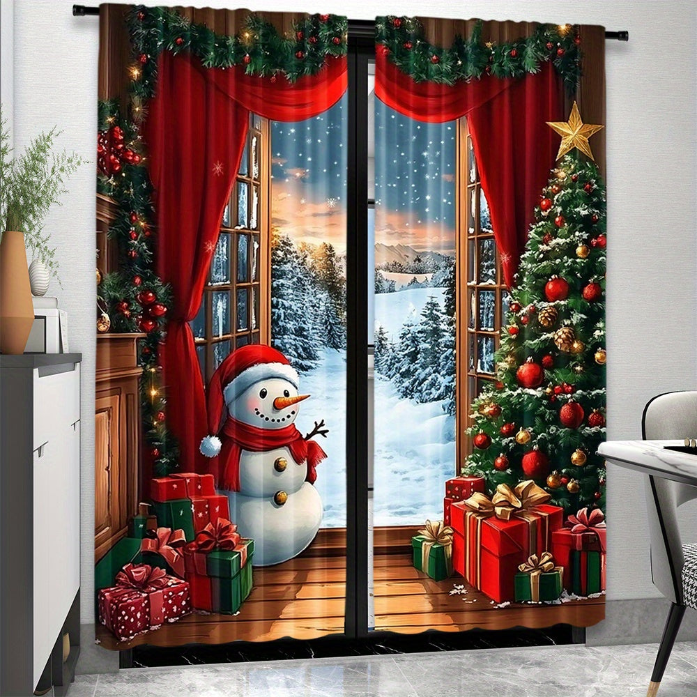 2pcs Christmas Wonderland Curtain Set - Rustic Wooden Look with Xmas Tree, Santa, Snow & Moon Designs - Perfect for Holiday Parties & Home Decor