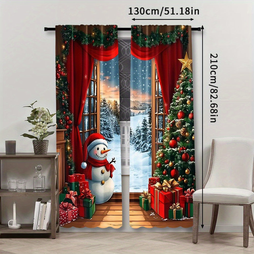 2pcs Christmas Wonderland Curtain Set - Rustic Wooden Look with Xmas Tree, Santa, Snow & Moon Designs - Perfect for Holiday Parties & Home Decor