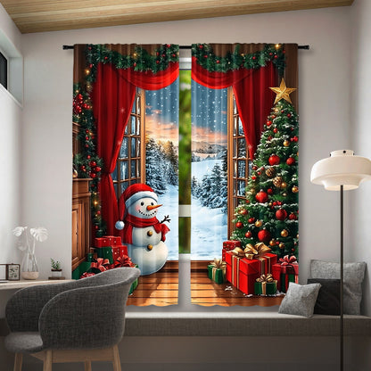 2pcs Christmas Wonderland Curtain Set - Rustic Wooden Look with Xmas Tree, Santa, Snow & Moon Designs - Perfect for Holiday Parties & Home Decor