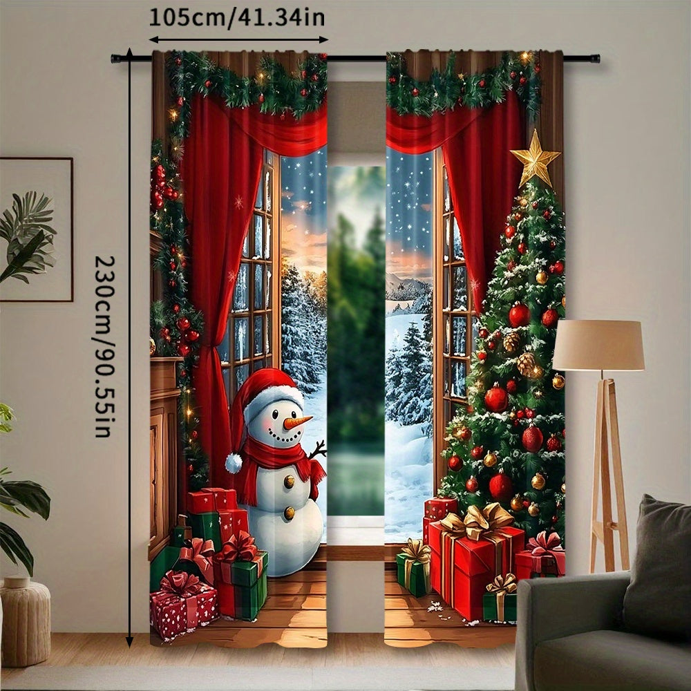 2pcs Christmas Wonderland Curtain Set - Rustic Wooden Look with Xmas Tree, Santa, Snow & Moon Designs - Perfect for Holiday Parties & Home Decor