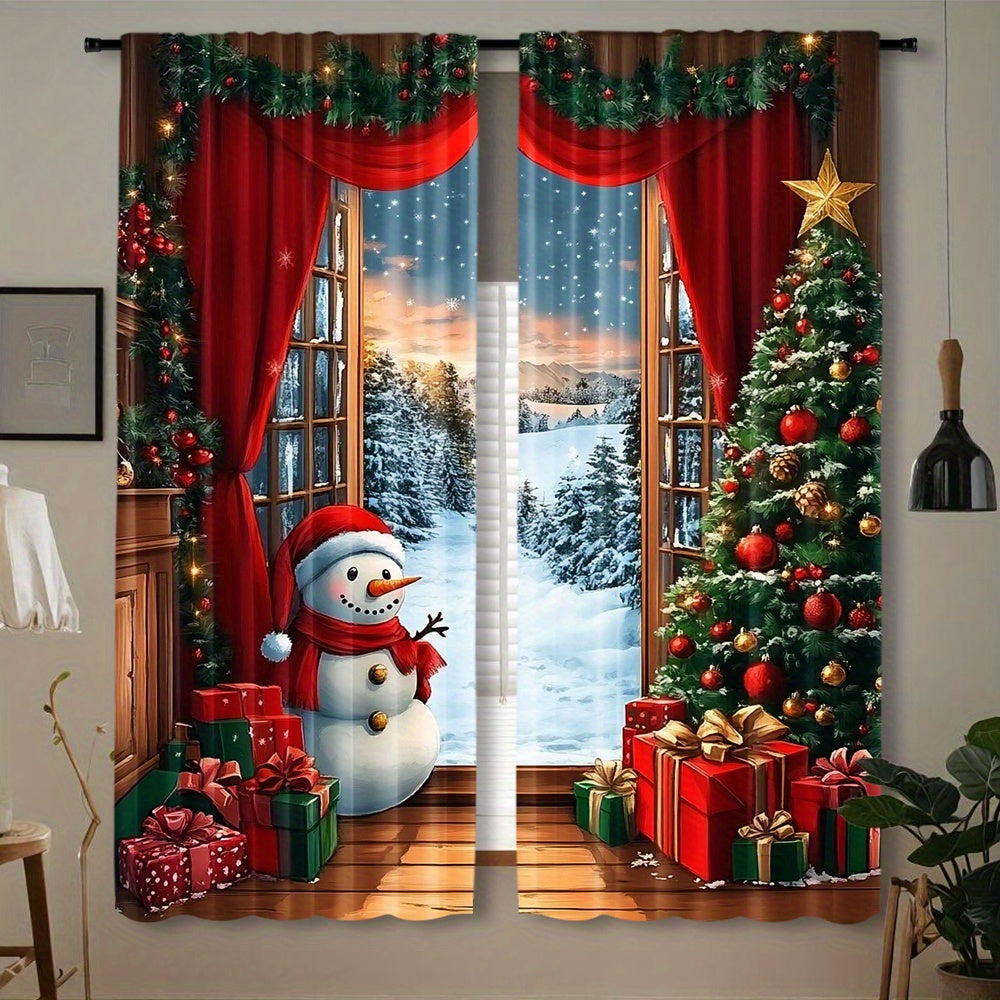 2pcs Christmas Wonderland Curtain Set - Rustic Wooden Look with Xmas Tree, Santa, Snow & Moon Designs - Perfect for Holiday Parties & Home Decor