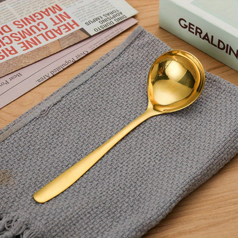 Elegant Golden Stainless Steel Soup Ladle - Large Round Head, Long Handle Serving Spoon for Home & Restaurant Use, Durable Thickened Design for Hot Pot and Catering