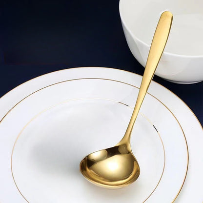 Elegant Golden Stainless Steel Soup Ladle - Large Round Head, Long Handle Serving Spoon for Home & Restaurant Use, Durable Thickened Design for Hot Pot and Catering