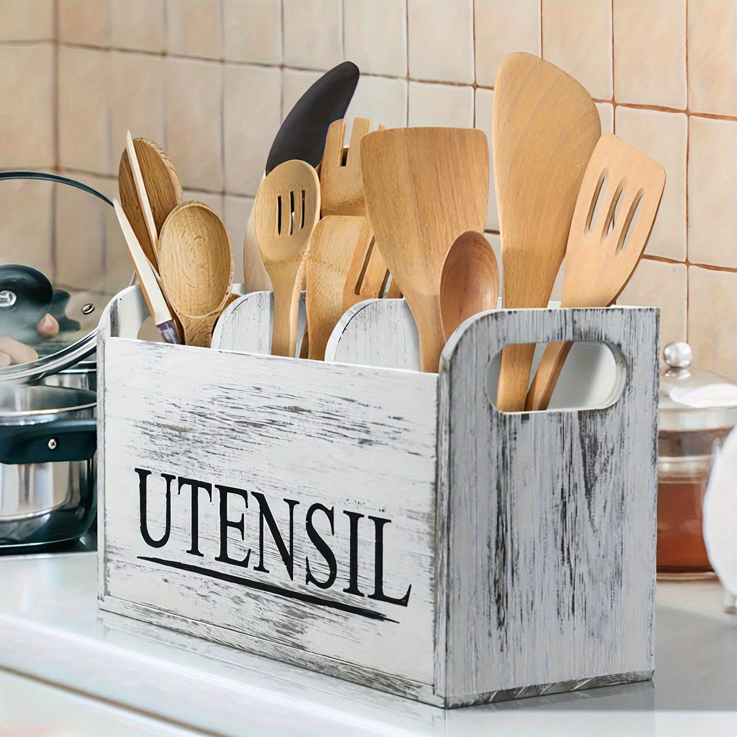Rustic Wooden Kitchen Utensil Holder - 3-Compartment Countertop Organizer for Silverware & Cooking Tools, Non-Electric, Space-Saving Design, Perfect for Kitchen and Dining Room Decor