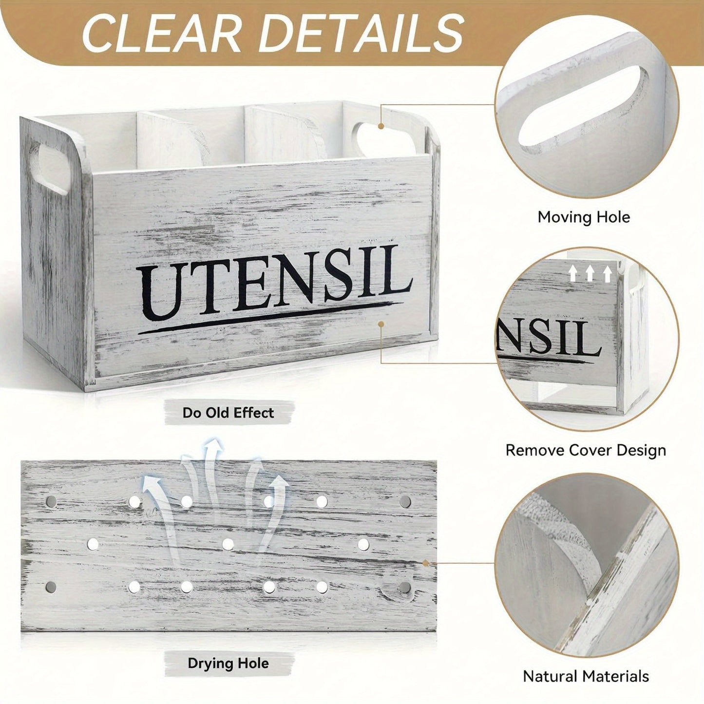 Rustic Wooden Kitchen Utensil Holder - 3-Compartment Countertop Organizer for Silverware & Cooking Tools, Non-Electric, Space-Saving Design, Perfect for Kitchen and Dining Room Decor