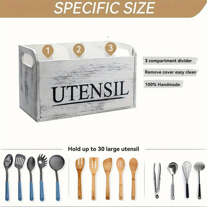 Rustic Wooden Kitchen Utensil Holder - 3-Compartment Countertop Organizer for Silverware & Cooking Tools, Non-Electric, Space-Saving Design, Perfect for Kitchen and Dining Room Decor