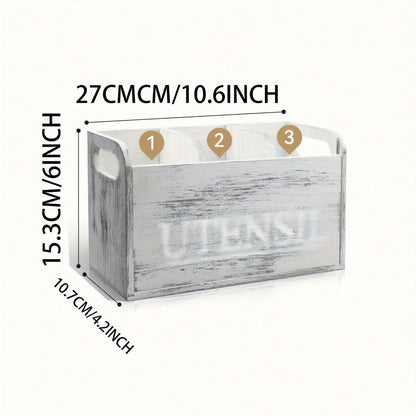 Rustic Wooden Kitchen Utensil Holder - 3-Compartment Countertop Organizer for Silverware & Cooking Tools, Non-Electric, Space-Saving Design, Perfect for Kitchen and Dining Room Decor