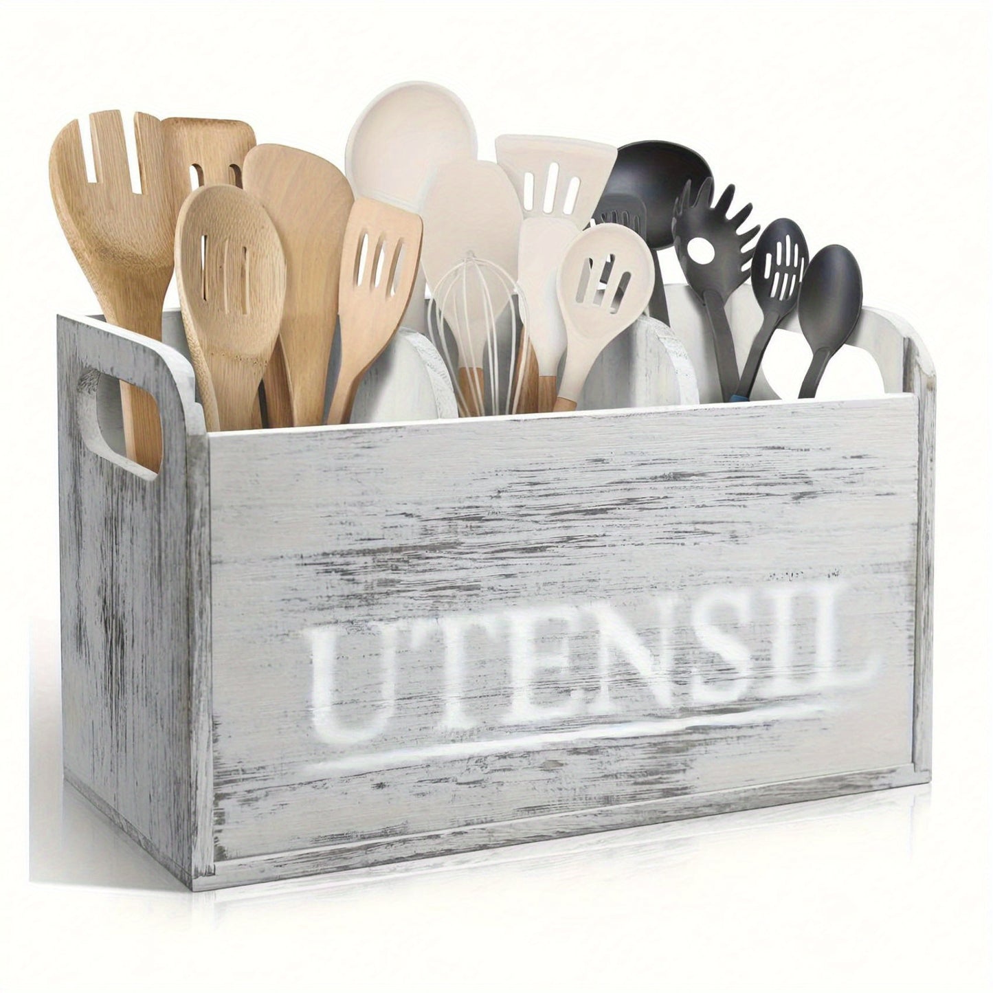 Rustic Wooden Kitchen Utensil Holder - 3-Compartment Countertop Organizer for Silverware & Cooking Tools, Non-Electric, Space-Saving Design, Perfect for Kitchen and Dining Room Decor