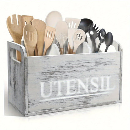 Rustic Wooden Kitchen Utensil Holder - 3-Compartment Countertop Organizer for Silverware & Cooking Tools, Non-Electric, Space-Saving Design, Perfect for Kitchen and Dining Room Decor