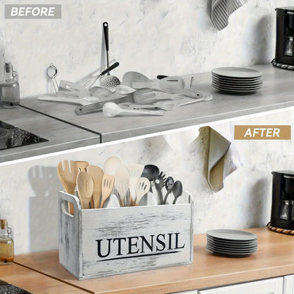 Rustic Wooden Kitchen Utensil Holder - 3-Compartment Countertop Organizer for Silverware & Cooking Tools, Non-Electric, Space-Saving Design, Perfect for Kitchen and Dining Room Decor