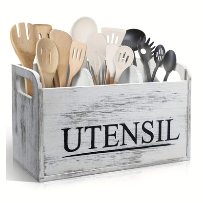 Rustic Wooden Kitchen Utensil Holder - 3-Compartment Countertop Organizer for Silverware & Cooking Tools, Non-Electric, Space-Saving Design, Perfect for Kitchen and Dining Room Decor