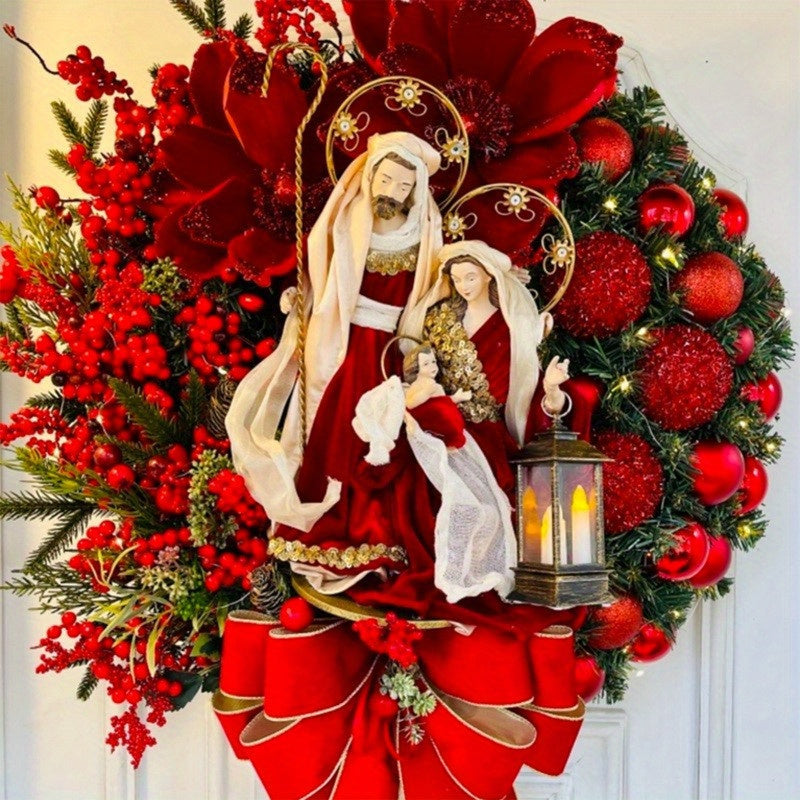 Wooden Nativity Scene Wreath, Christmas Front Door Sign Family Window Wall Farmhouse Indoor and Outdoor Hanging Sign Saint Jesus Print with Berry Cluster Bow