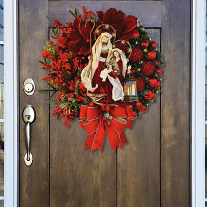 Wooden Nativity Scene Wreath, Christmas Front Door Sign Family Window Wall Farmhouse Indoor and Outdoor Hanging Sign Saint Jesus Print with Berry Cluster Bow