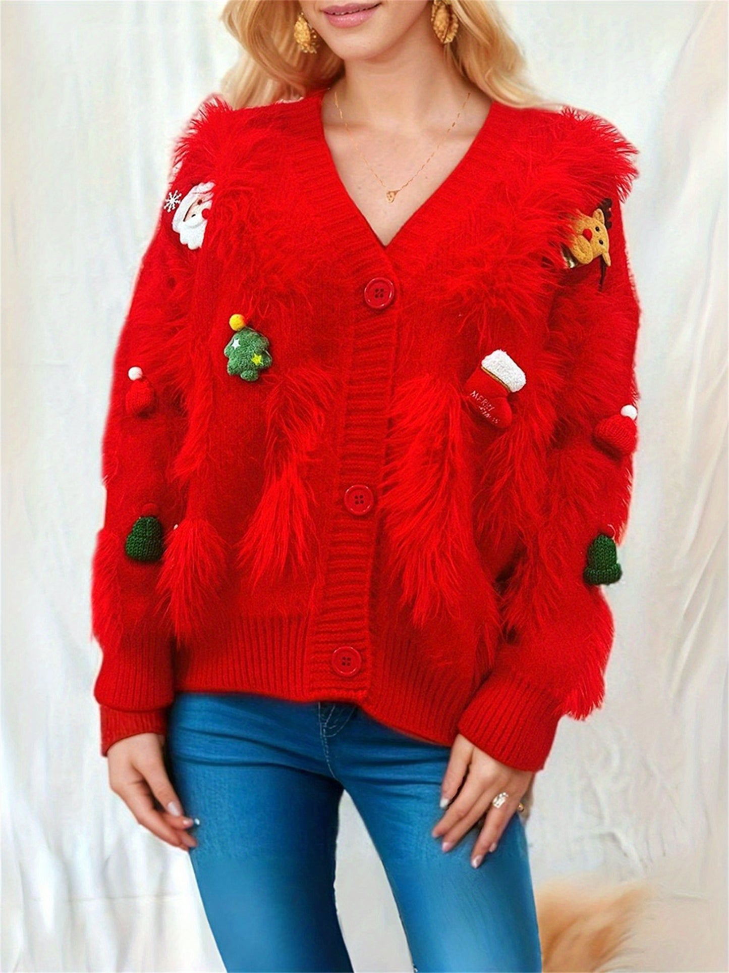 Women'S Christmas Themed Fuzzy Pullover Sweater, Casual Crew Neck Long Sleeve V-Neck Cardigan, Woven Polyester Knit, for Fall/Winter