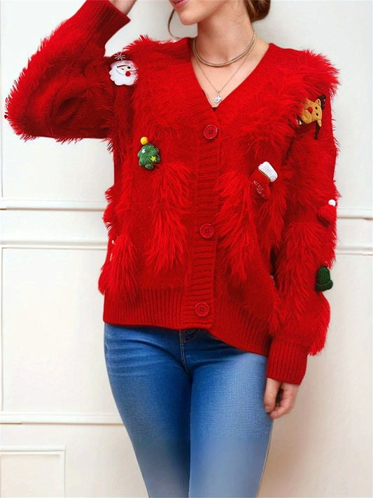 Women'S Christmas Themed Fuzzy Pullover Sweater, Casual Crew Neck Long Sleeve V-Neck Cardigan, Woven Polyester Knit, for Fall/Winter