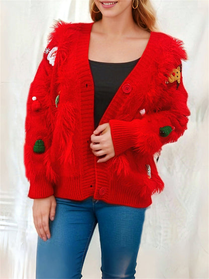 Women'S Christmas Themed Fuzzy Pullover Sweater, Casual Crew Neck Long Sleeve V-Neck Cardigan, Woven Polyester Knit, for Fall/Winter