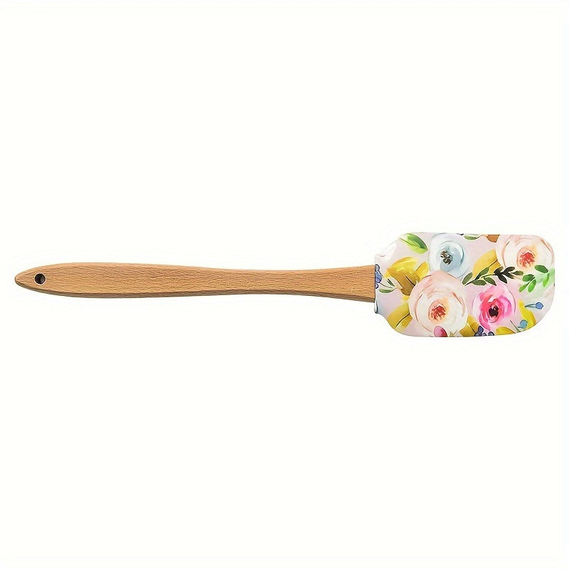 1pc Floral Print Silicone Spatula Set with Wooden Handle, Premium Kitchen Baking & Pastry Scraper, Non-Electric Home Cooking Utensil for RV Interior Accessories