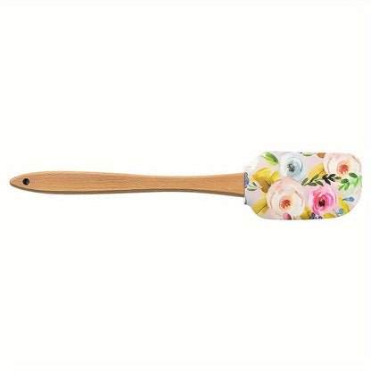 1pc Floral Print Silicone Spatula Set with Wooden Handle, Premium Kitchen Baking & Pastry Scraper, Non-Electric Home Cooking Utensil for RV Interior Accessories