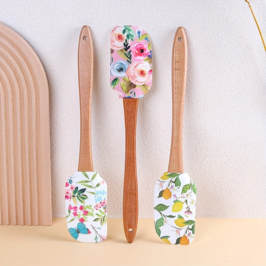 1pc Floral Print Silicone Spatula Set with Wooden Handle, Premium Kitchen Baking & Pastry Scraper, Non-Electric Home Cooking Utensil for RV Interior Accessories