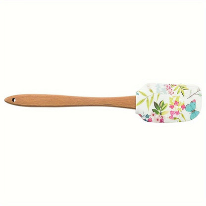 1pc Floral Print Silicone Spatula Set with Wooden Handle, Premium Kitchen Baking & Pastry Scraper, Non-Electric Home Cooking Utensil for RV Interior Accessories