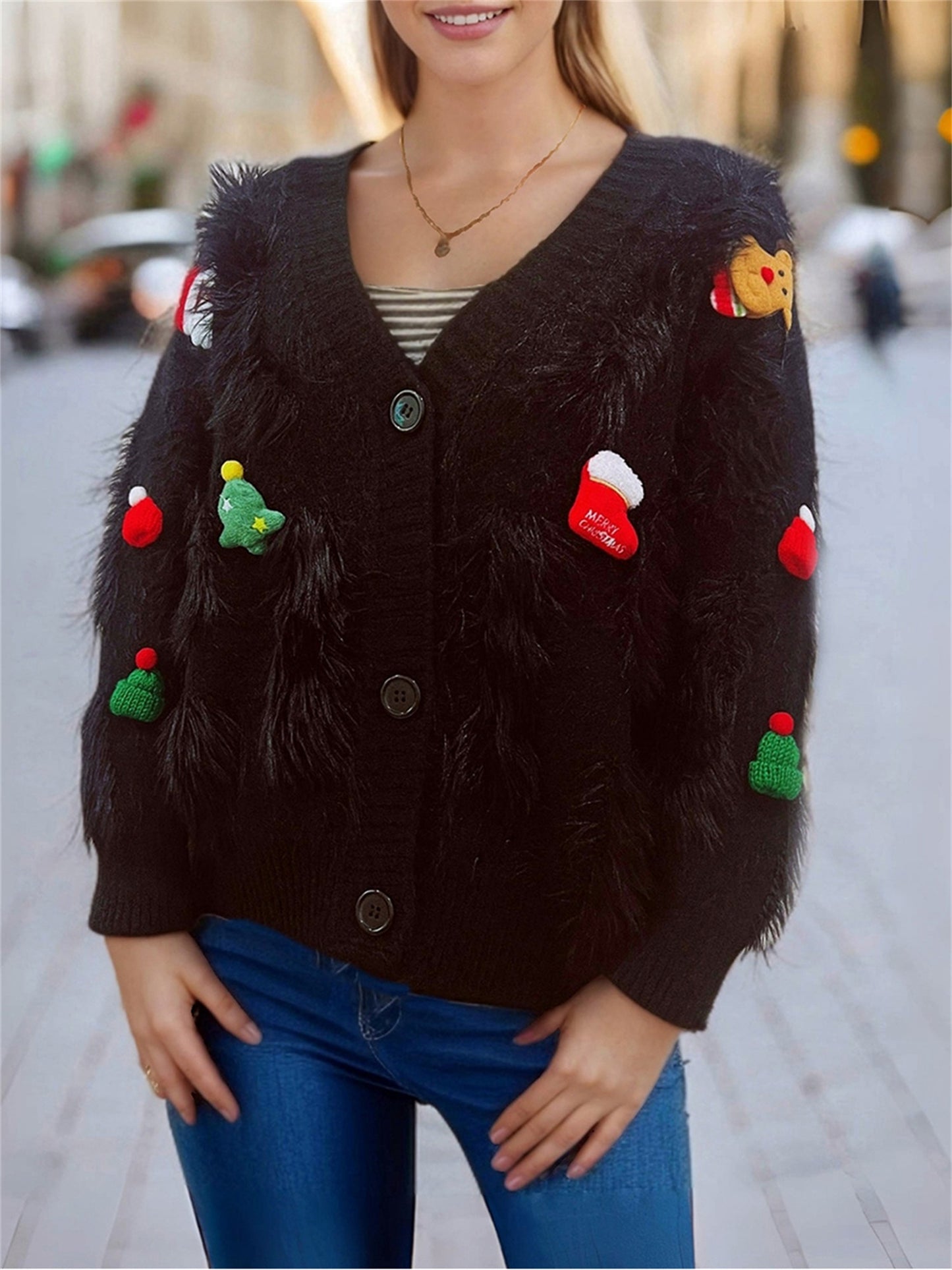 Women'S Christmas Themed Fuzzy Pullover Sweater, Casual Crew Neck Long Sleeve V-Neck Cardigan, Woven Polyester Knit, for Fall/Winter