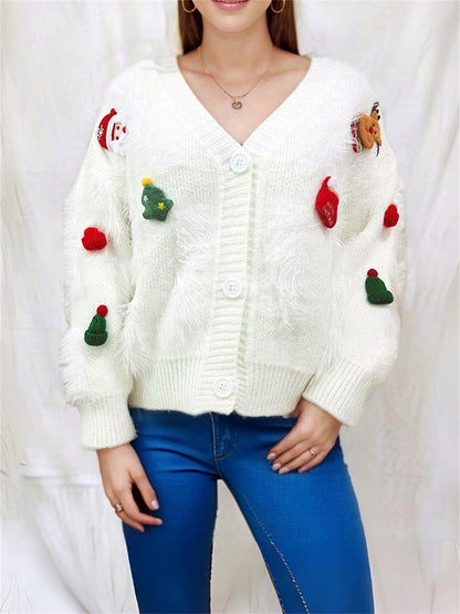 Women'S Christmas Themed Fuzzy Pullover Sweater, Casual Crew Neck Long Sleeve V-Neck Cardigan, Woven Polyester Knit, for Fall/Winter