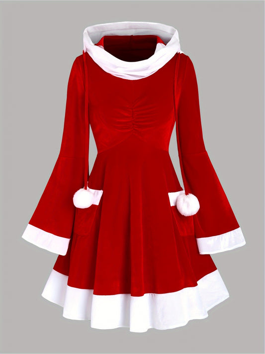 Chic Red Santa-Inspired Hooded Dress for Women - Slimming Fit with Flared Hem, Perfect for Christmas Parties & Holiday Celebrations