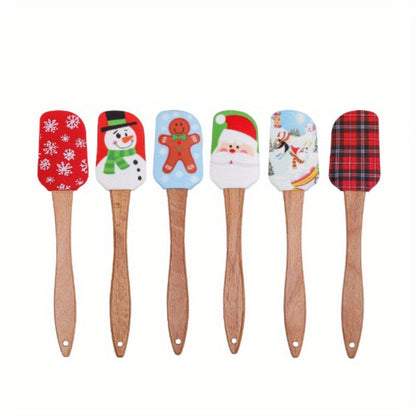 Festive Christmas Silicone Spatula Set with Wooden Handles - Ideal for Baking, Cooking, and Cake Decoration