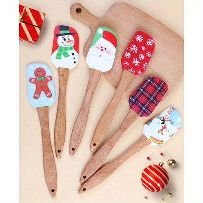 Festive Christmas Silicone Spatula Set with Wooden Handles - Ideal for Baking, Cooking, and Cake Decoration