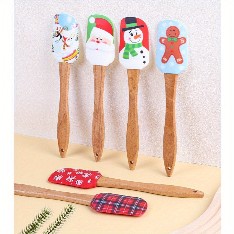 Festive Christmas Silicone Spatula Set with Wooden Handles - Ideal for Baking, Cooking, and Cake Decoration