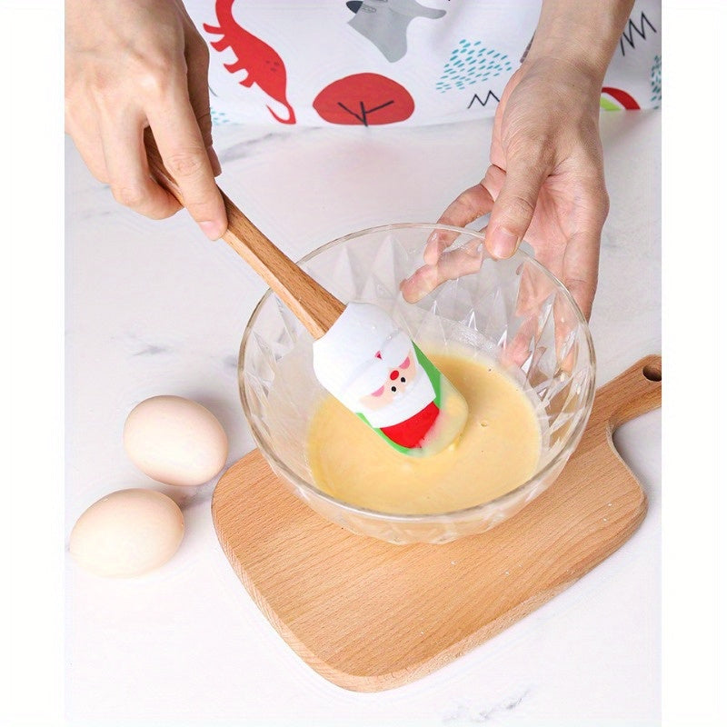 Festive Christmas Silicone Spatula Set with Wooden Handles - Ideal for Baking, Cooking, and Cake Decoration
