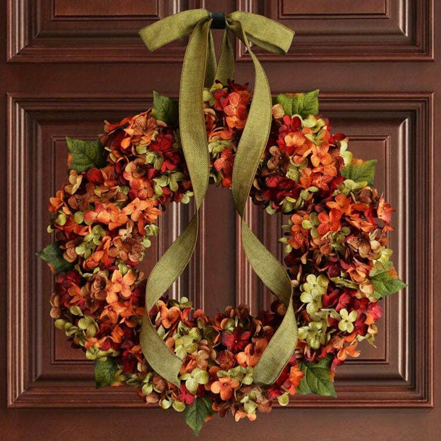 Large 17.72" Bohemian Fall Hydrangea Wreath with Bow - Artificial Flower Garland for Thanksgiving & Autumn Decor, Perfect for Front Door or Indoor Use