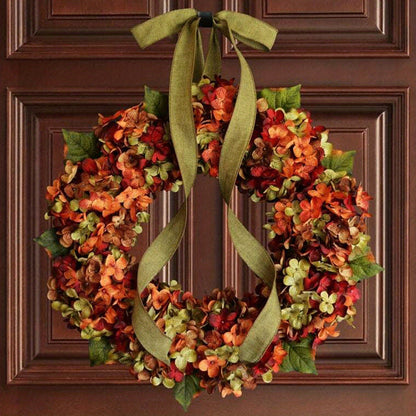 Large 17.72" Bohemian Fall Hydrangea Wreath with Bow - Artificial Flower Garland for Thanksgiving & Autumn Decor, Perfect for Front Door or Indoor Use