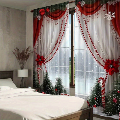 2pcs Set Luxury European Christmas Curtains with Green Plant Design - Semi Transparent, Easy Hang Rod Pocket Drapes for Living Room, Bedroom, Office - Perfect for Holiday Home Decor