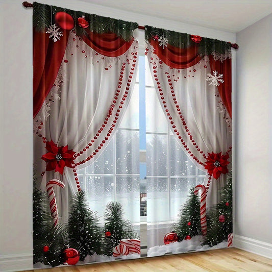 2pcs Set Luxury European Christmas Curtains with Green Plant Design - Semi Transparent, Easy Hang Rod Pocket Drapes for Living Room, Bedroom, Office - Perfect for Holiday Home Decor