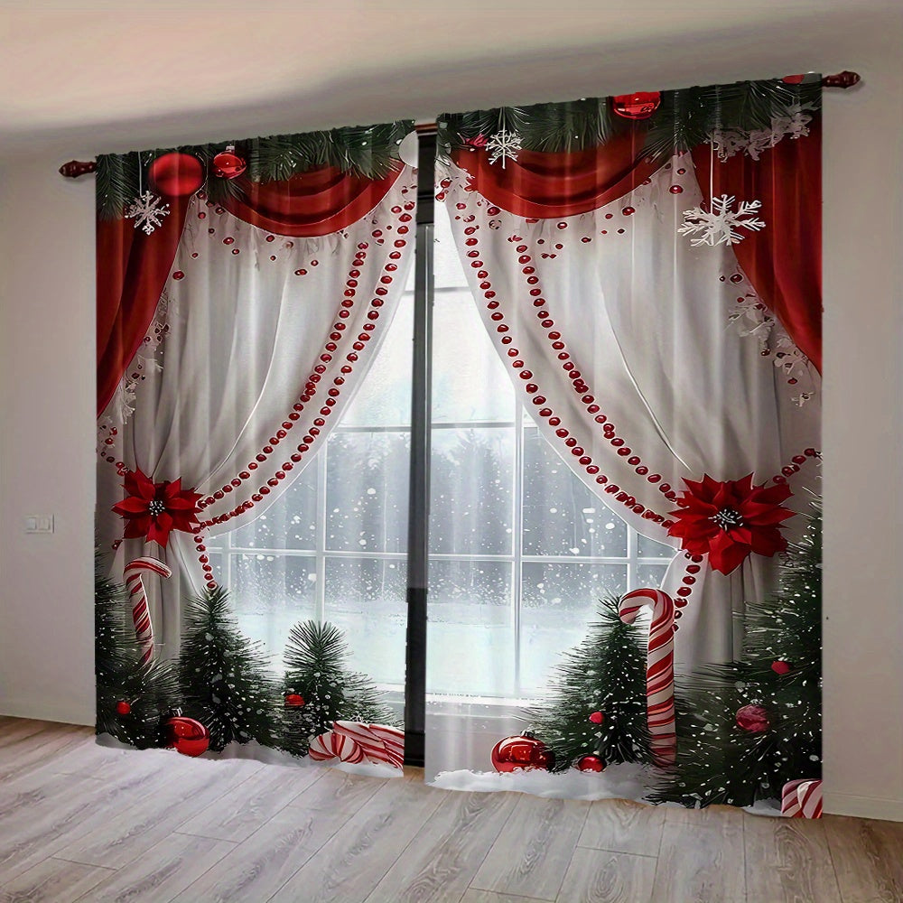 2pcs Set Luxury European Christmas Curtains with Green Plant Design - Semi Transparent, Easy Hang Rod Pocket Drapes for Living Room, Bedroom, Office - Perfect for Holiday Home Decor