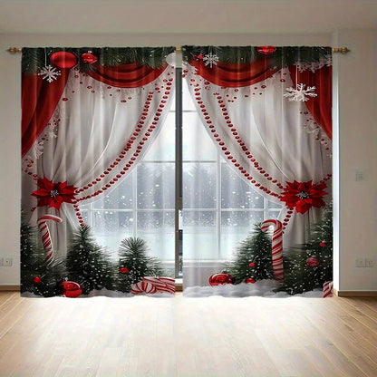 2pcs Set Luxury European Christmas Curtains with Green Plant Design - Semi Transparent, Easy Hang Rod Pocket Drapes for Living Room, Bedroom, Office - Perfect for Holiday Home Decor