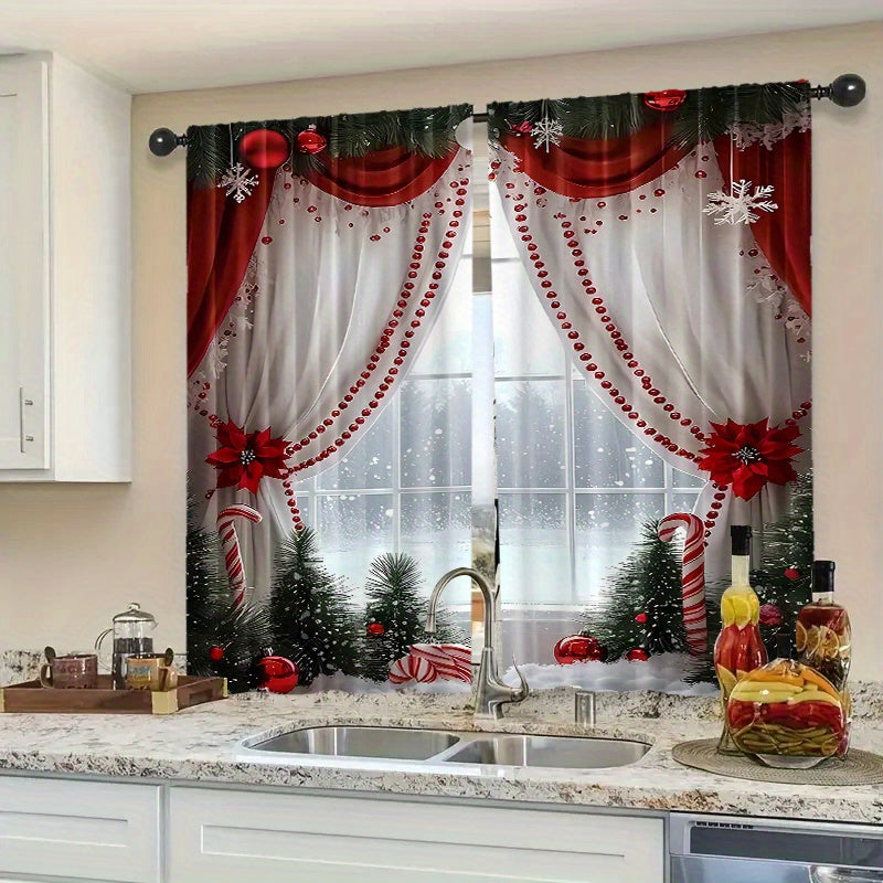 2pcs Set Luxury European Christmas Curtains with Green Plant Design - Semi Transparent, Easy Hang Rod Pocket Drapes for Living Room, Bedroom, Office - Perfect for Holiday Home Decor