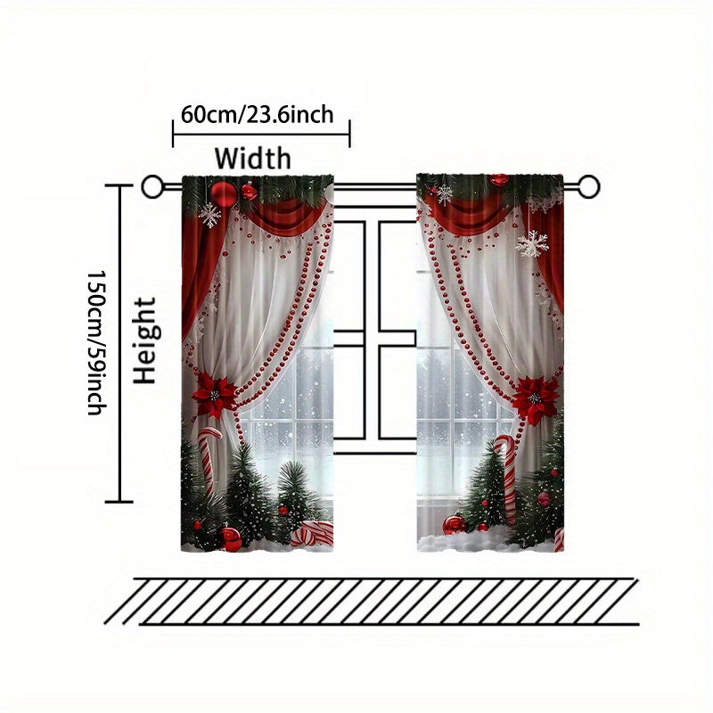 2pcs Set Luxury European Christmas Curtains with Green Plant Design - Semi Transparent, Easy Hang Rod Pocket Drapes for Living Room, Bedroom, Office - Perfect for Holiday Home Decor