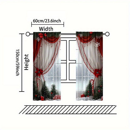 2pcs Set Luxury European Christmas Curtains with Green Plant Design - Semi Transparent, Easy Hang Rod Pocket Drapes for Living Room, Bedroom, Office - Perfect for Holiday Home Decor