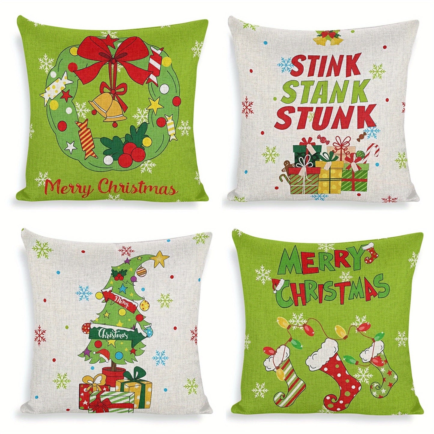 4pcs 18x18in Cartoon Christmas wreath Christmas tree design pillowcase, Christmas party decoration, Christmas gift Zipper closure seasonal sofa cushion cover, throw pillow cover for sofa, bed and home decoration, no pillow core