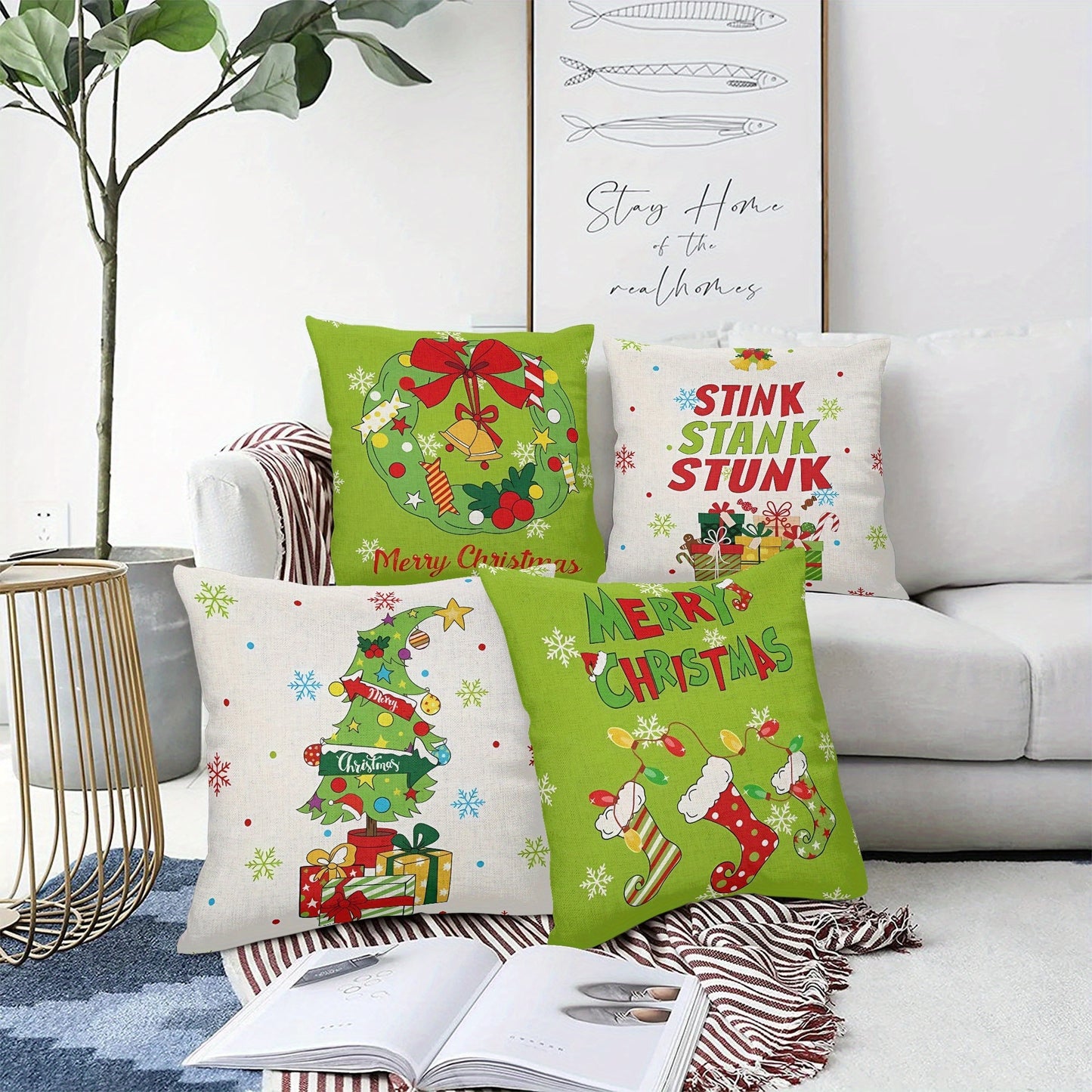 4pcs 18x18in Cartoon Christmas wreath Christmas tree design pillowcase, Christmas party decoration, Christmas gift Zipper closure seasonal sofa cushion cover, throw pillow cover for sofa, bed and home decoration, no pillow core