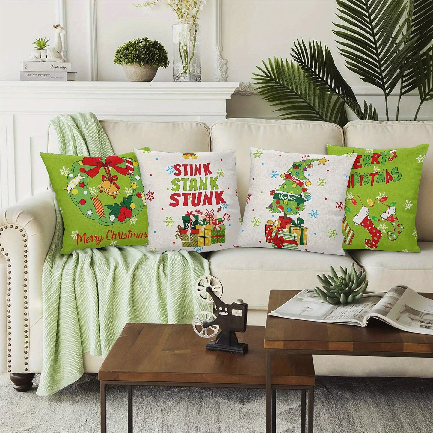 4pcs 18x18in Cartoon Christmas wreath Christmas tree design pillowcase, Christmas party decoration, Christmas gift Zipper closure seasonal sofa cushion cover, throw pillow cover for sofa, bed and home decoration, no pillow core