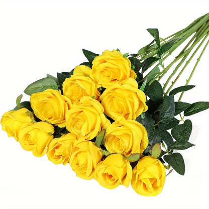 12PCS Yellow Roses Artificial Flowers -12Pcs Realistic Single Long Stem Fake Silk Roses Bouquet for Party Home Wedding Centerpiece Hotel Office Decor