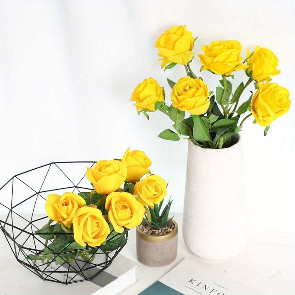 12PCS Yellow Roses Artificial Flowers -12Pcs Realistic Single Long Stem Fake Silk Roses Bouquet for Party Home Wedding Centerpiece Hotel Office Decor