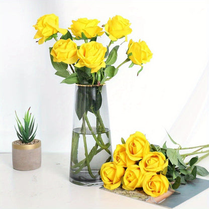 12PCS Yellow Roses Artificial Flowers -12Pcs Realistic Single Long Stem Fake Silk Roses Bouquet for Party Home Wedding Centerpiece Hotel Office Decor