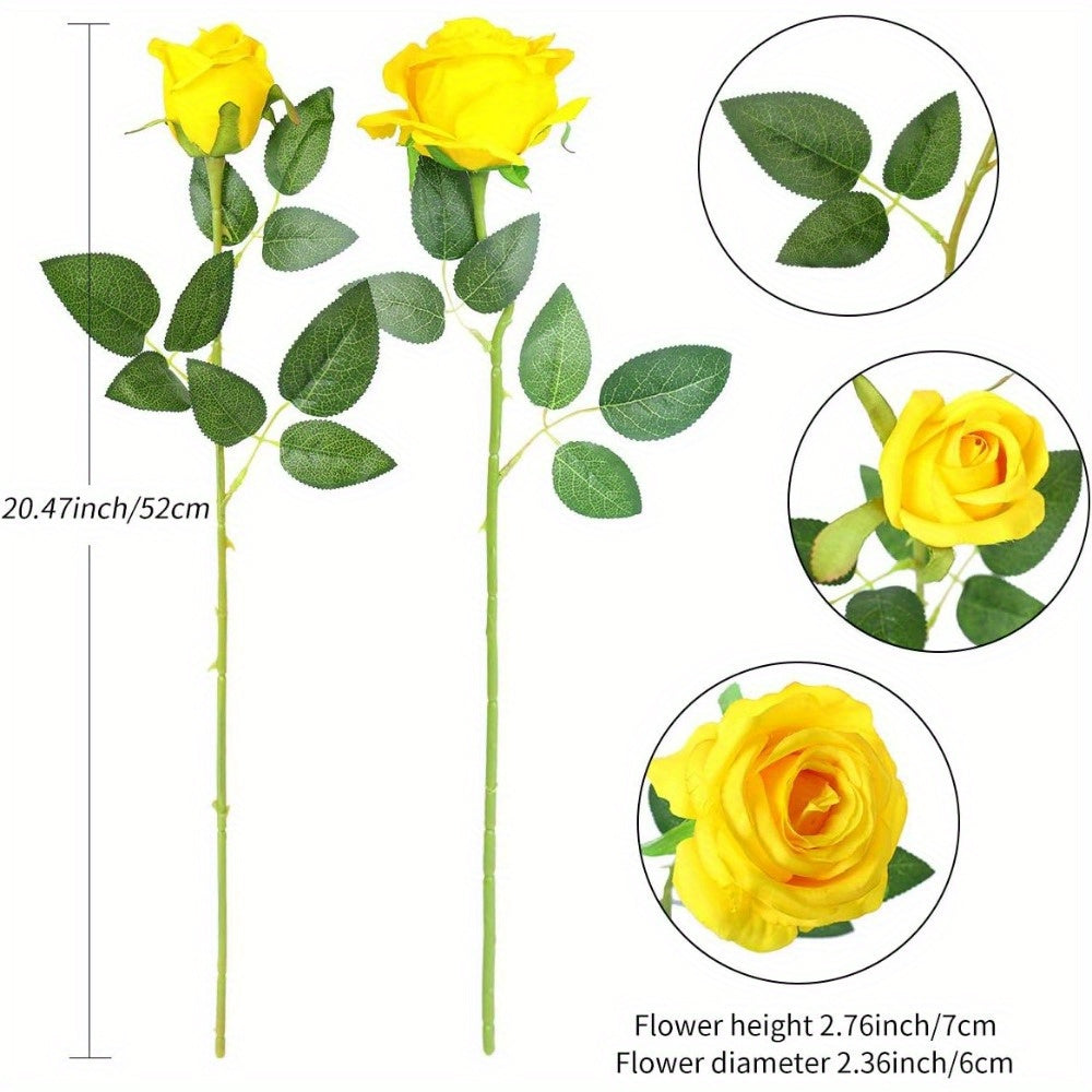 12PCS Yellow Roses Artificial Flowers -12Pcs Realistic Single Long Stem Fake Silk Roses Bouquet for Party Home Wedding Centerpiece Hotel Office Decor